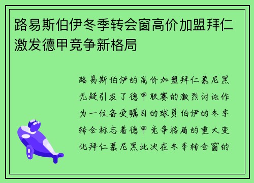 路易斯伯伊冬季转会窗高价加盟拜仁激发德甲竞争新格局